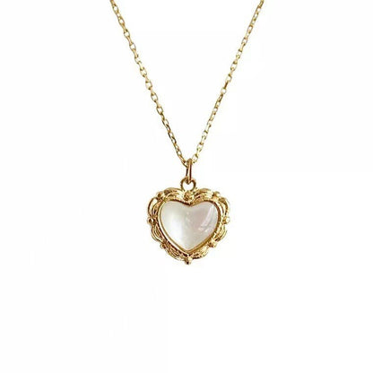 Sweet Heart Shape Stainless Steel Plating Inlay Shell Zircon 18k Gold Plated Pendant Necklace