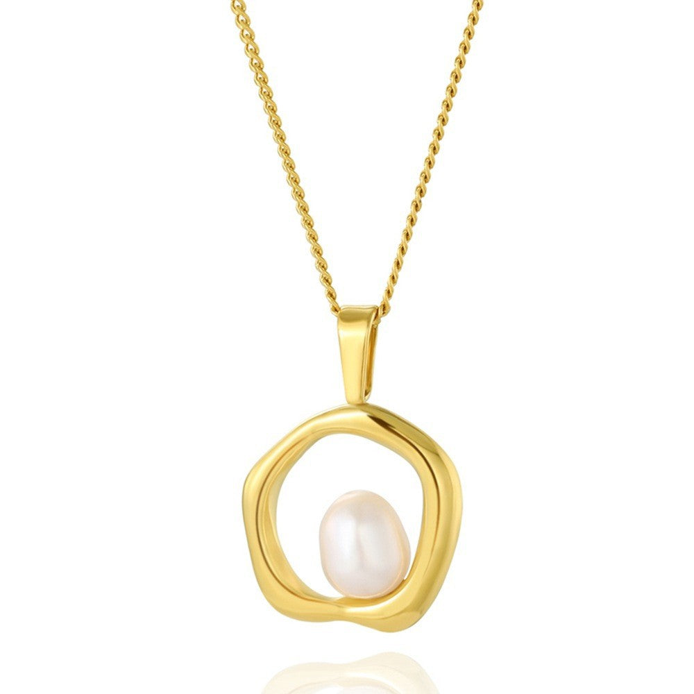 Ig Style Round Oval Heart Shape Stainless Steel Imitation Pearl Plating Inlay Shell 18k Gold Plated Pendant Necklace