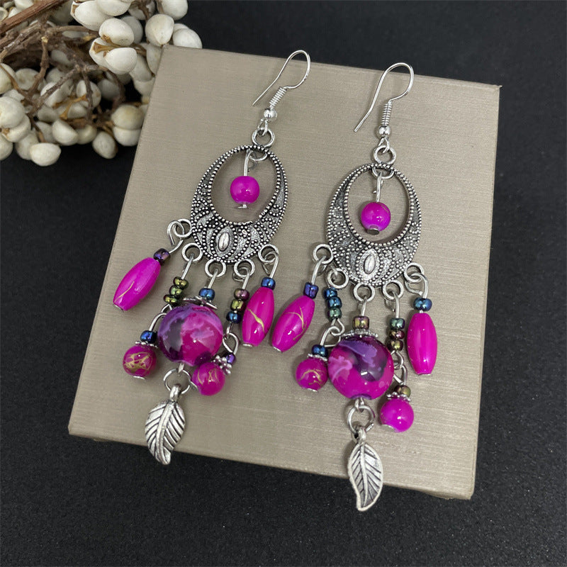 Vacation Bohemian Water Droplets Flower Alloy Beaded Tassel Inlay Rhinestones Women's Drop Earrings