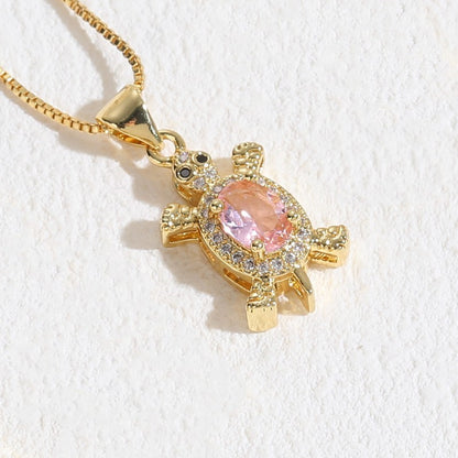 Luxurious Tortoise Copper Inlay Zircon 14k Gold Plated Pendant Necklace