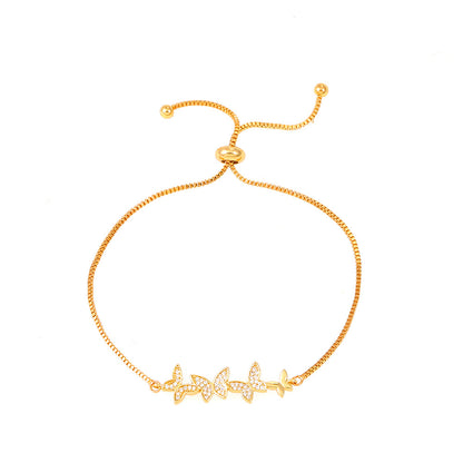 Ig Style Sweet Oval Flower Butterfly Copper 14k Gold Plated Zircon Drawstring Bracelets In Bulk