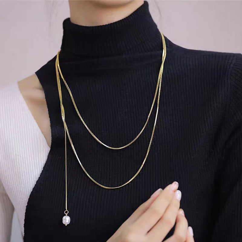 Simple Style Geometric Titanium Steel Inlay Artificial Pearls 18k Gold Plated Sweater Chain Long Necklace