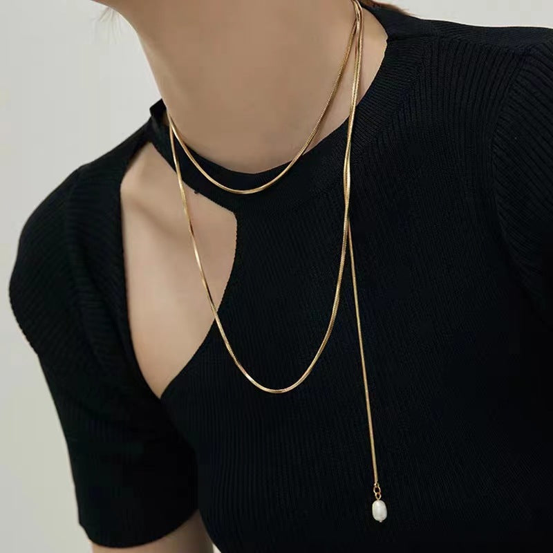 Simple Style Geometric Titanium Steel Inlay Artificial Pearls 18k Gold Plated Sweater Chain Long Necklace