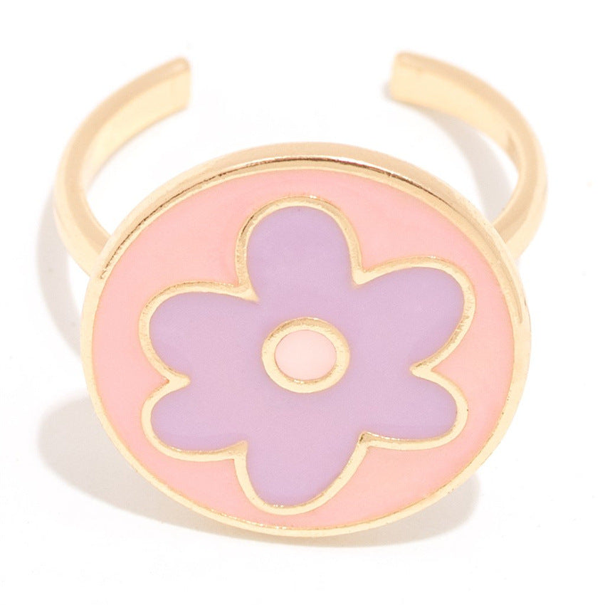 Sweet Flower Copper Enamel Plating 18k Gold Plated Open Ring