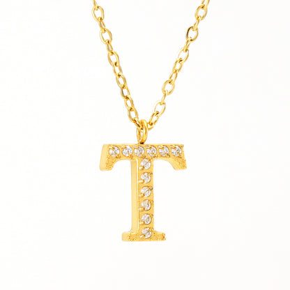 Casual Commute Letter Stainless Steel Plating Inlay Rhinestones 18k Gold Plated Pendant Necklace