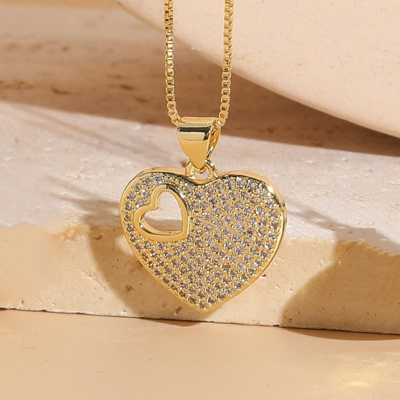 Elegant Sweet Heart Shape Copper 14k Gold Plated Zircon Pendant Necklace In Bulk