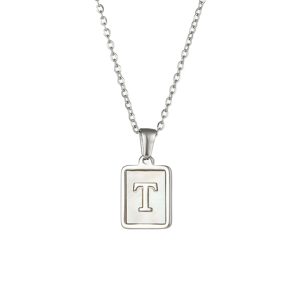 Simple Style Letter Square Stainless Steel Inlay Shell Pendant Necklace