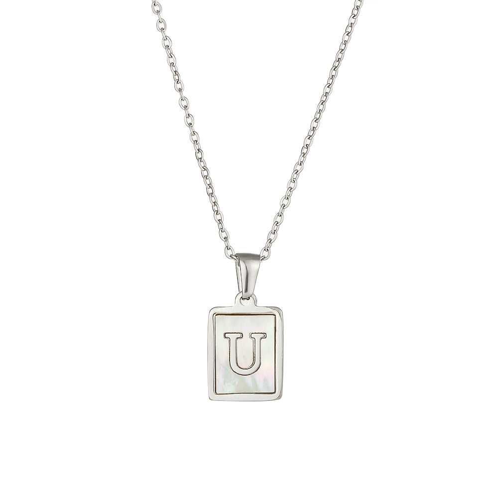 Simple Style Letter Square Stainless Steel Inlay Shell Pendant Necklace