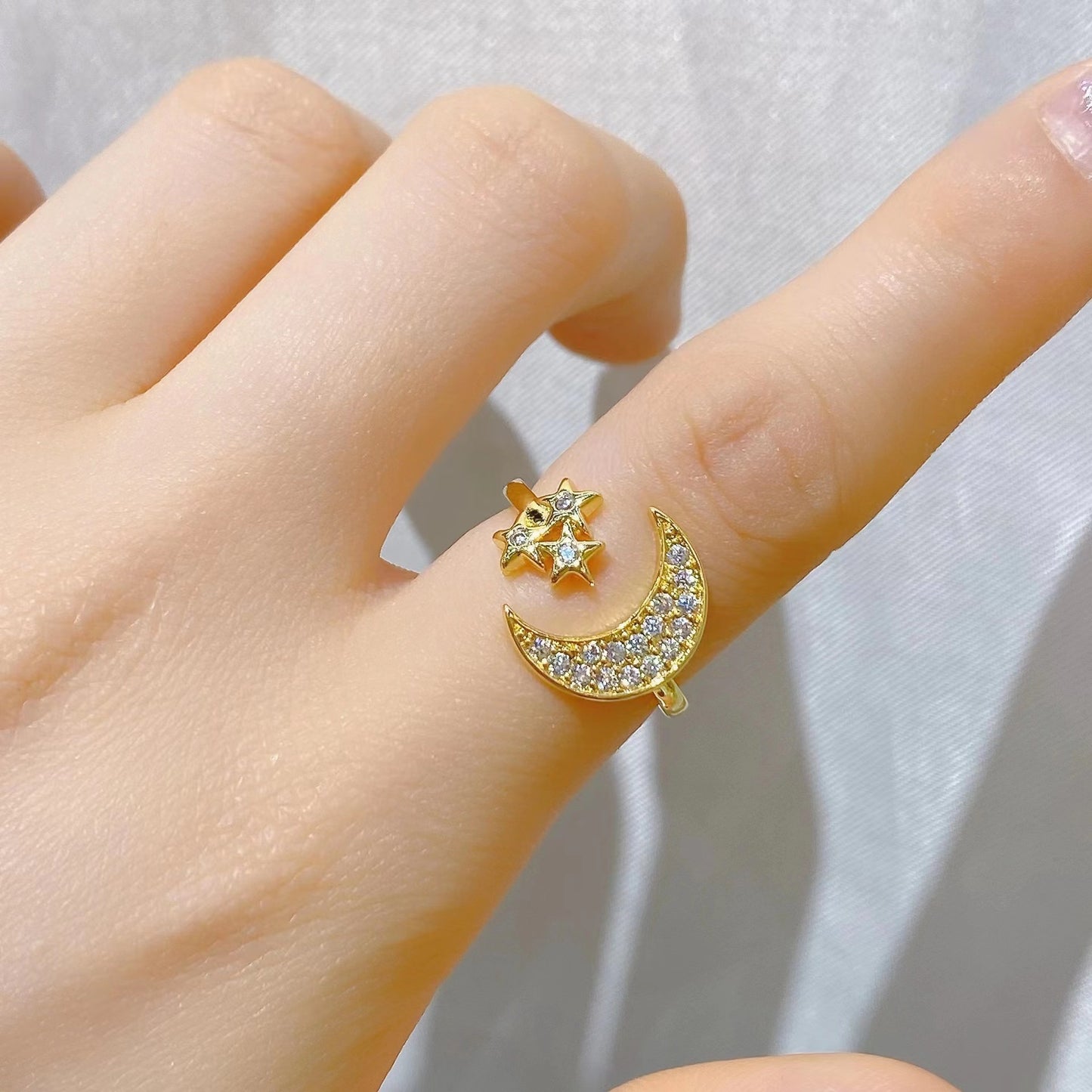 Streetwear Star Moon Eye Copper Zircon Open Ring In Bulk