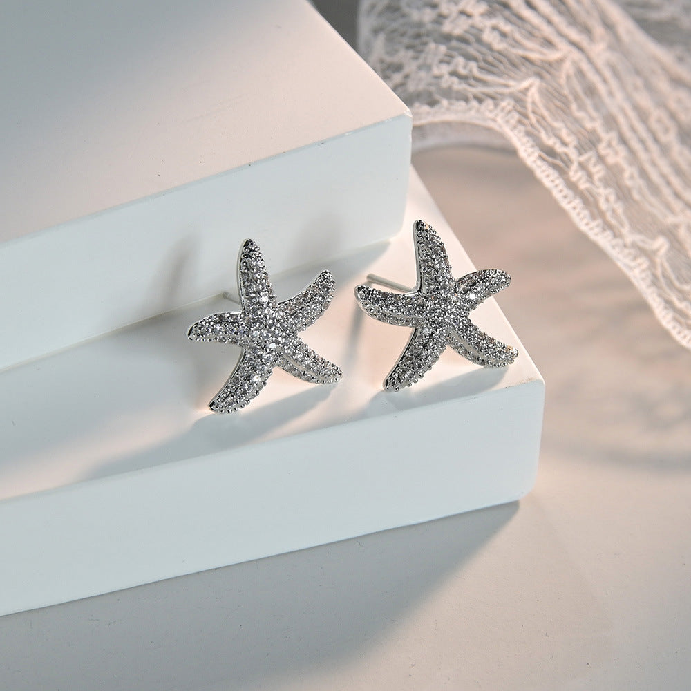 1 Pair Elegant Lady Starfish Inlay Copper Zircon Ear Studs