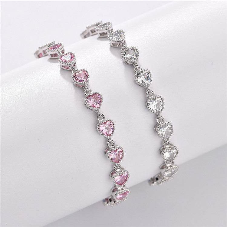 Sweet Shiny Heart Shape Copper Plating Inlay Artificial Gemstones Zircon Bracelets