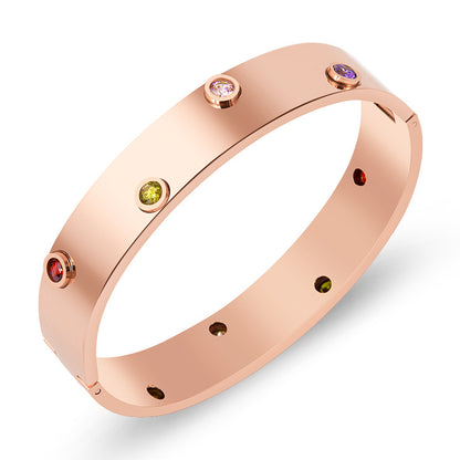 Basic Retro Geometric Stainless Steel Inlay Artificial Gemstones Bangle