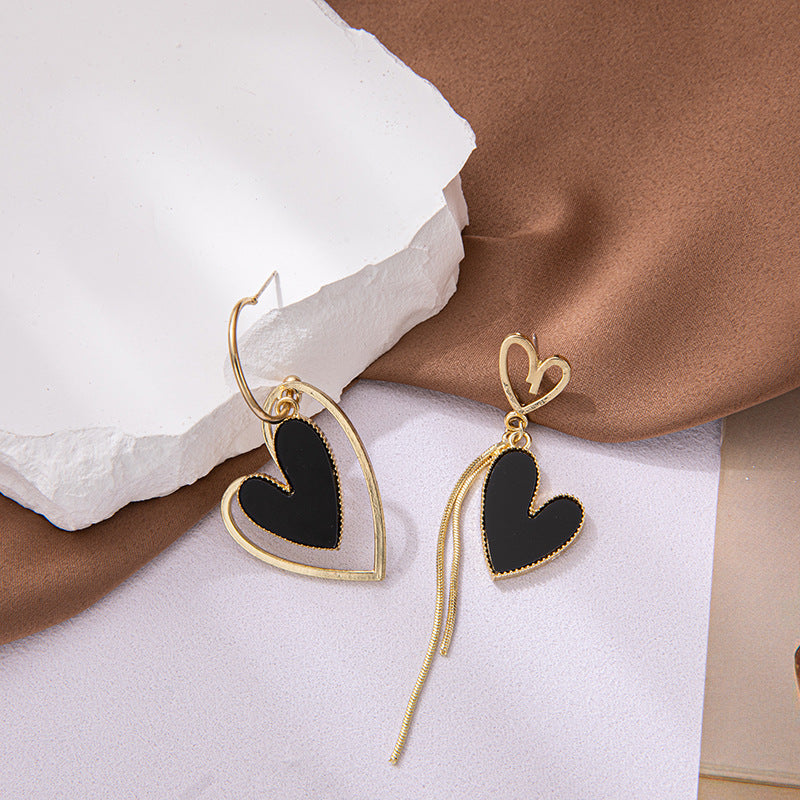 1 Pair Retro Asymmetrical Heart Shape Tassel Plating Inlay Copper Shell 18k Gold Plated Drop Earrings