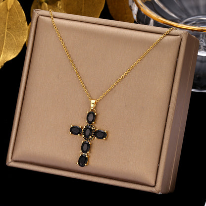 Ethnic Style Cross Stainless Steel Inlay Zircon Pendant Necklace