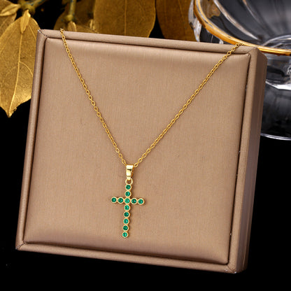 Ethnic Style Cross Stainless Steel Inlay Zircon Pendant Necklace