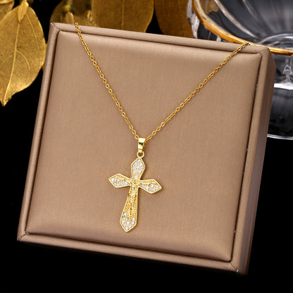 Ethnic Style Cross Stainless Steel Inlay Zircon Pendant Necklace