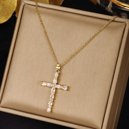 Ethnic Style Cross Stainless Steel Inlay Zircon Pendant Necklace