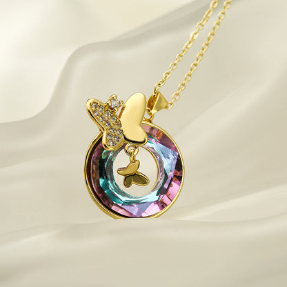 Elegant Butterfly Copper Plating Inlay Zircon 18k Gold Plated Pendant Necklace