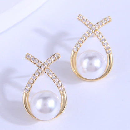 1 Pair Elegant Geometric Inlay Copper Pearl Ear Studs