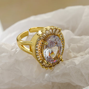 Retro Luxurious Oval Copper Plating Inlay Zircon 18k Gold Plated Open Ring