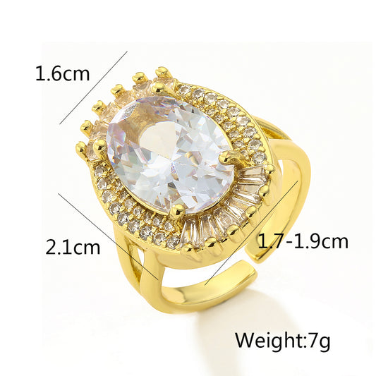 Retro Luxurious Oval Copper Plating Inlay Zircon 18k Gold Plated Open Ring