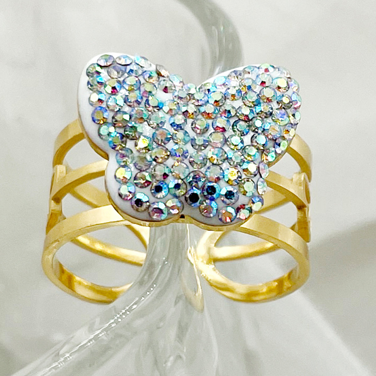 Nordic Style Glam Butterfly Stainless Steel Gold Plated Rhinestones Open Ring In Bulk