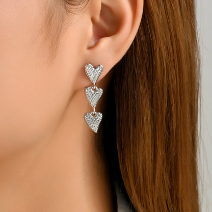 1 Pair Romantic Sweet Shiny Heart Shape Inlay Alloy Rhinestones Drop Earrings