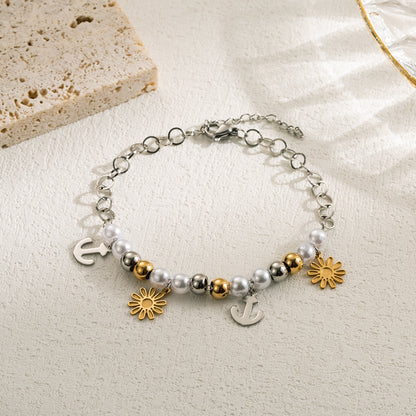 Modern Style Devil's Eye Butterfly Stainless Steel Imitation Pearl Layered Gold Plated Bracelets