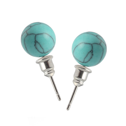 1 Pair Retro Commute Round Inlay Natural Stone Turquoise Tiger Eye Gem Ear Studs