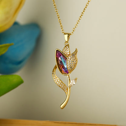 Elegant Flower Stainless Steel Copper 18k Gold Plated Zircon Pendant Necklace In Bulk