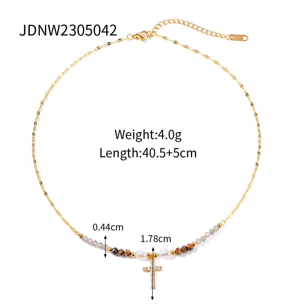 Ig Style Casual Cross Stainless Steel Beaded Plating Inlay Zircon 18k Gold Plated Pendant Necklace