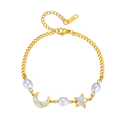 Simple Style Star Moon Titanium Steel Plating Artificial Pearls Shell Gold Plated Bracelets