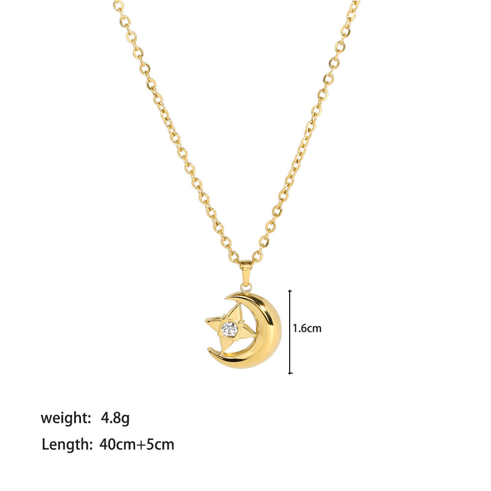 Lady Moon Heart Shape Stainless Steel Titanium Steel Plating Inlay Artificial Gemstones Gold Plated Pendant Necklace