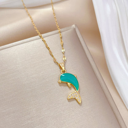 Cute Dolphin Stainless Steel Copper Enamel Plating Inlay Rhinestones Pendant Necklace