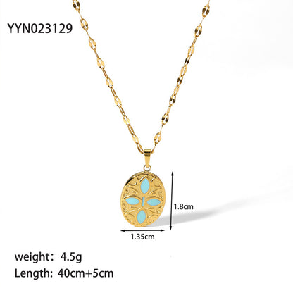 Simple Style Round Stainless Steel Titanium Steel Inlay Natural Stone Pendant Necklace