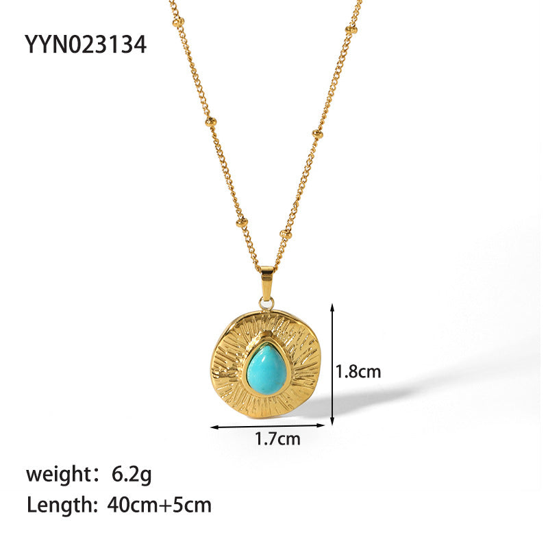 Simple Style Round Stainless Steel Titanium Steel Inlay Natural Stone Pendant Necklace