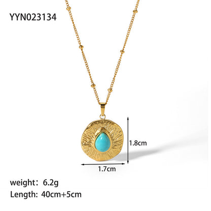 Simple Style Round Stainless Steel Titanium Steel Inlay Natural Stone Pendant Necklace