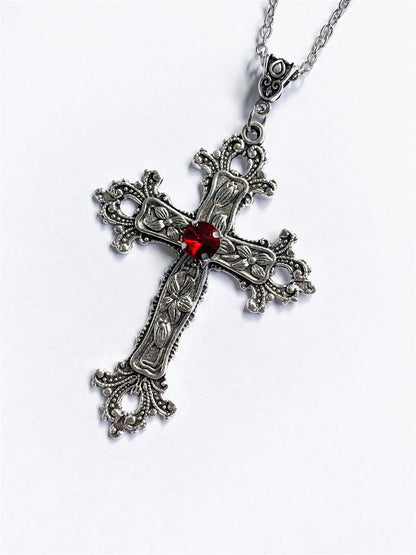 Retro Punk Cross Alloy Inlay Gem Unisex Pendant Necklace