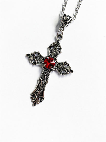 Retro Punk Cross Alloy Inlay Gem Unisex Pendant Necklace