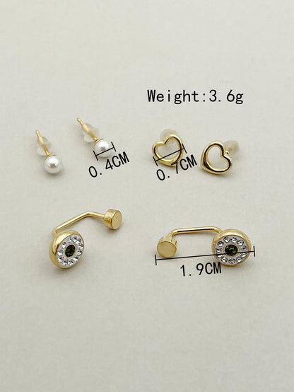 1 Set Casual Simple Style Commute Heart Shape Beetles Eye Enamel Plating Inlay Stainless Steel Artificial Pearls Zircon Gold Plated Ear Studs