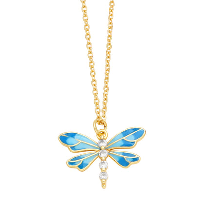 Cute Sweet Dragonfly Stainless Steel Copper Enamel Plating Zircon 18k Gold Plated Pendant Necklace