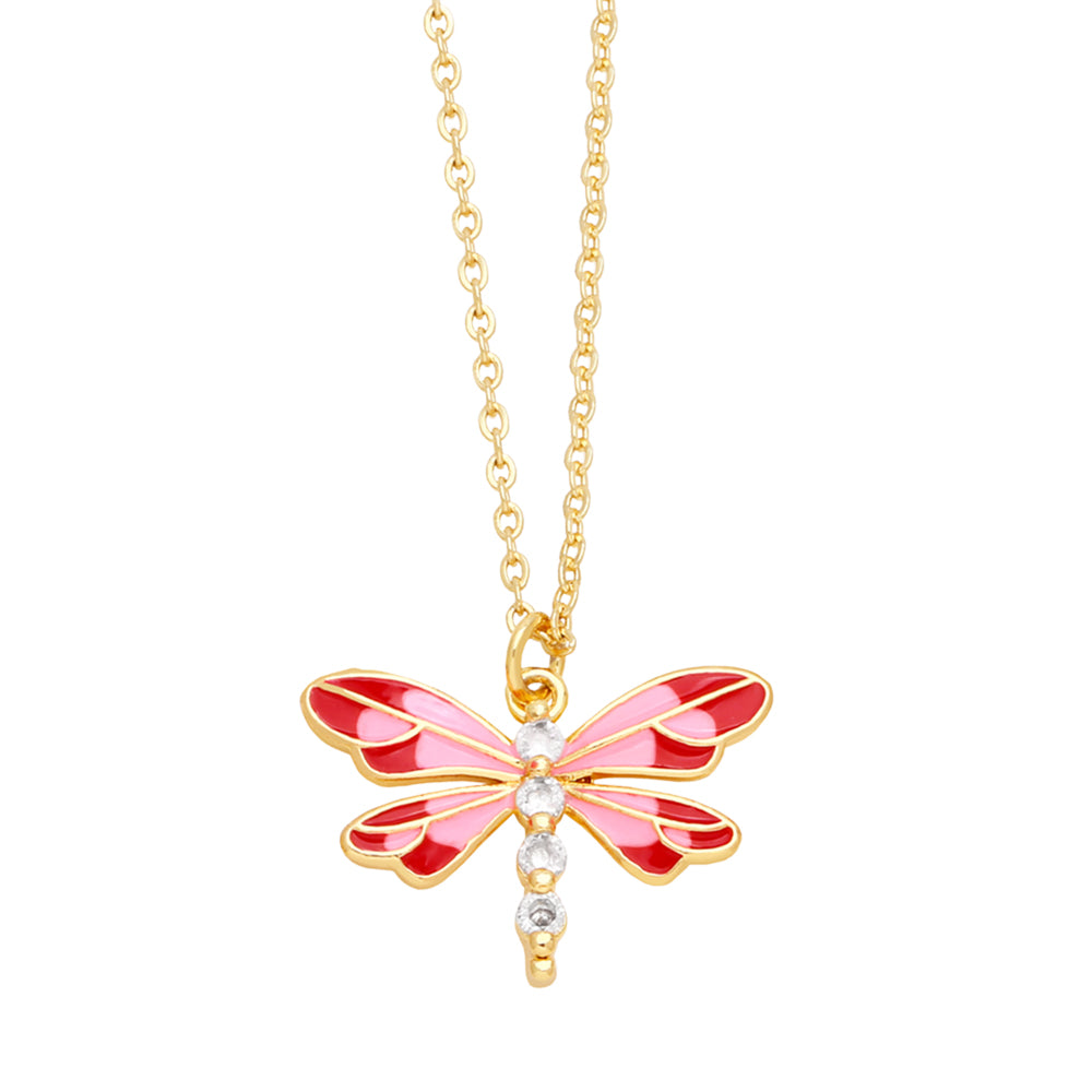 Cute Sweet Dragonfly Stainless Steel Copper Enamel Plating Zircon 18k Gold Plated Pendant Necklace