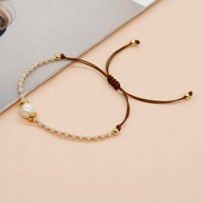 Casual Simple Style Round Artificial Crystal Freshwater Pearl Beaded Drawstring Braid Bracelets