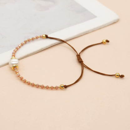 Casual Simple Style Round Artificial Crystal Freshwater Pearl Beaded Drawstring Braid Bracelets