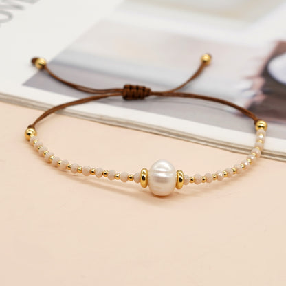 Casual Simple Style Round Artificial Crystal Freshwater Pearl Beaded Drawstring Braid Bracelets