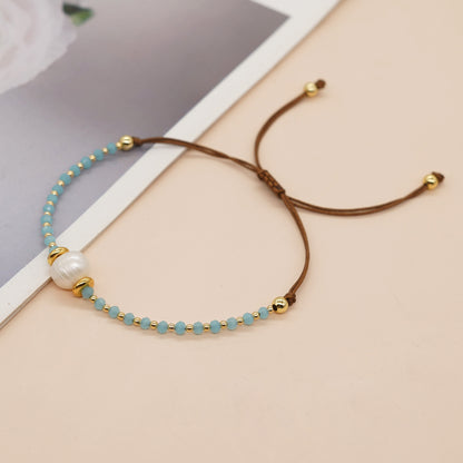 Casual Simple Style Round Artificial Crystal Freshwater Pearl Beaded Drawstring Braid Bracelets