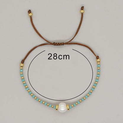 Casual Simple Style Round Artificial Crystal Freshwater Pearl Beaded Drawstring Braid Bracelets