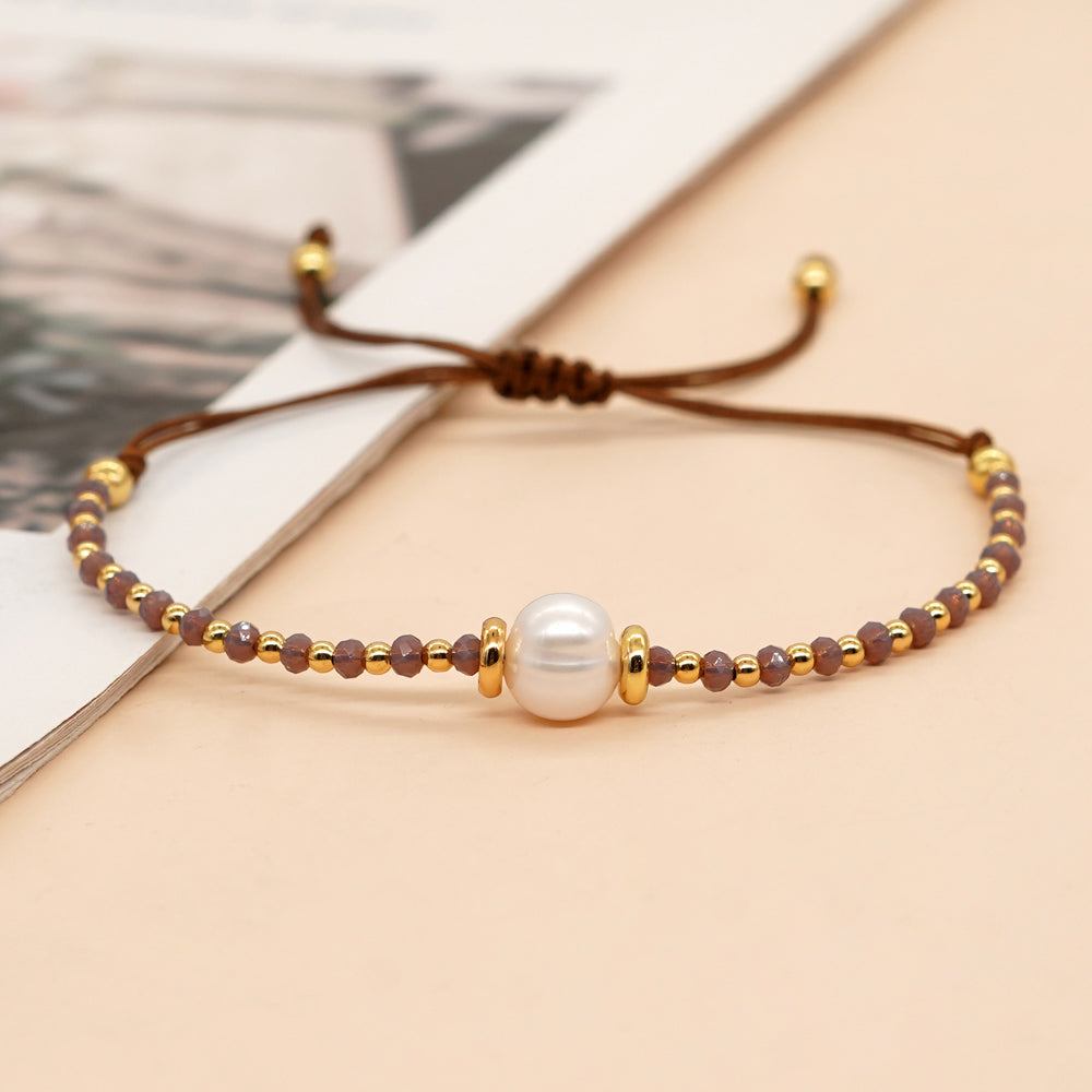 Casual Simple Style Round Artificial Crystal Freshwater Pearl Beaded Drawstring Braid Bracelets