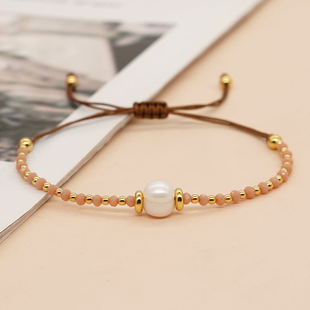 Casual Simple Style Round Artificial Crystal Freshwater Pearl Beaded Drawstring Braid Bracelets