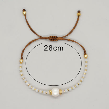 Casual Simple Style Round Artificial Crystal Freshwater Pearl Beaded Drawstring Braid Bracelets